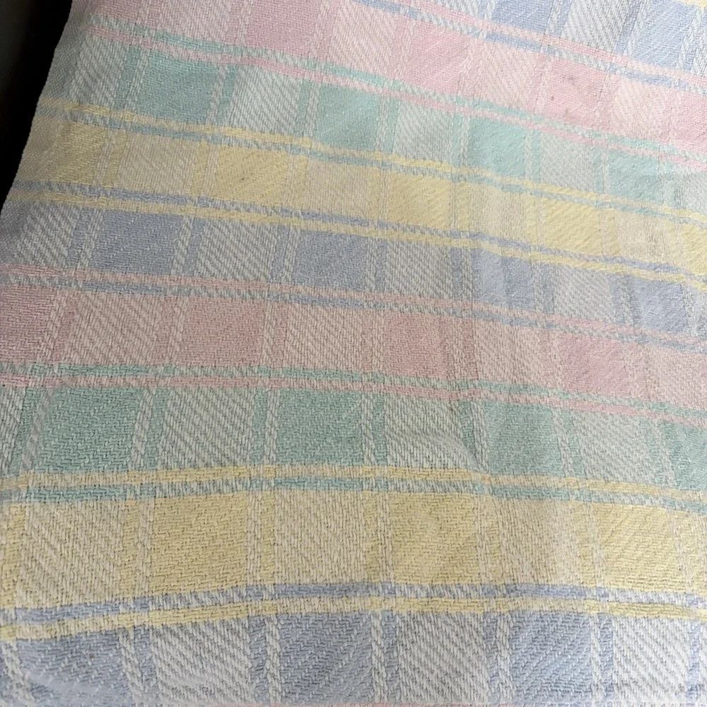Vintage Baby Blanket Pastel Plaid Woven‎ Cotton Pink Yellow Blue Green Cotton